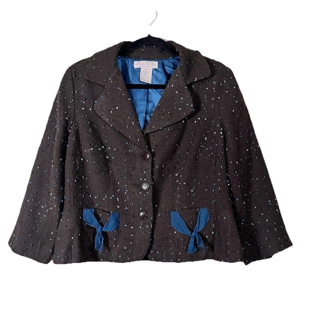 Vtg Y2K Tweed Cropped Blazer Jacket Women's 10 Bonita Dark Academia Y2K Bows